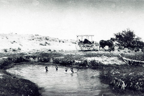 Four men sit in the water up to their necks