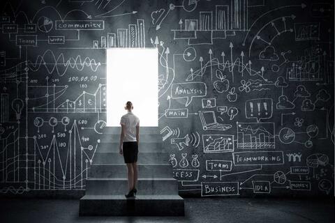 Silhouette of businesswoman with briefcase standing in doorway