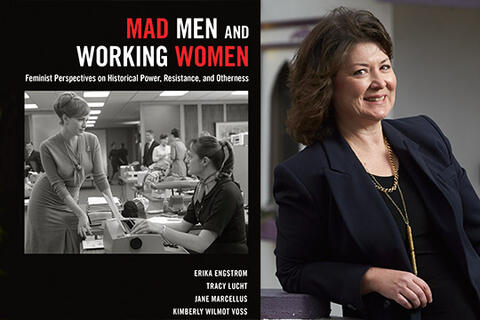 A photo collage of a book titled "Mad Men and Working Woman" on the left and a woman on the right