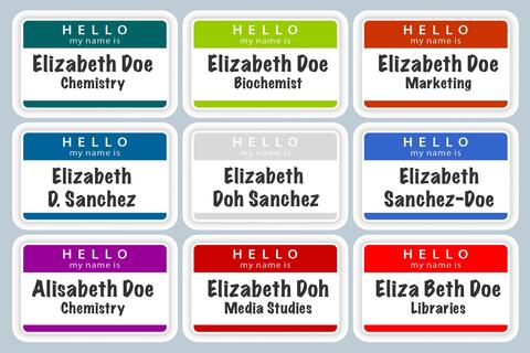 illustration of name tags with variations on the name "Jane Doe"