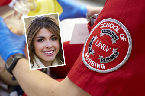 portrait of woman overlaid on image of nurse working