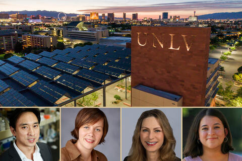collage of 4 headshots and a cityscape