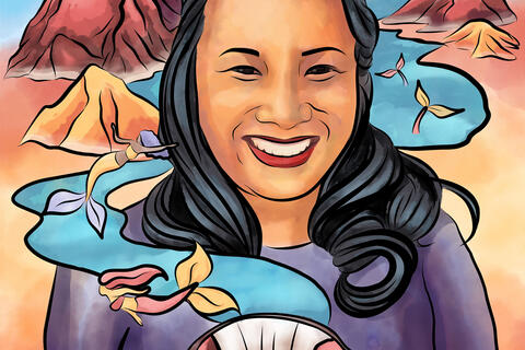 illustration of woman surrounded by mountains and lake with mermaids