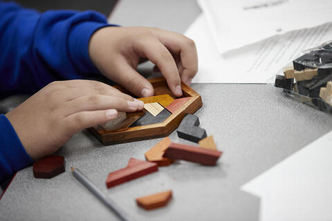 Someone working on a wooden puzzle. Some pieces are in the puzzle space and others are laid out on the table.