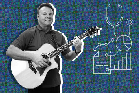 photo illustration of man with guitar with medical illustrations around him