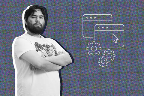 photo illustration of young man with arms folded across chest and web related graphics