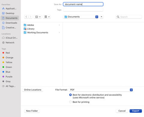 Save As pop-up window. Near the bottom of the window, after the button Online Locations, a drop-down is labeled File Format, and PDF is chosen from the list.  Below this, the option “Best for electronic distribution and accessibility” is selected.