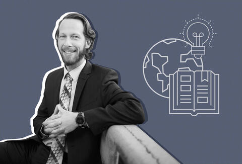 photo illustration of man in suit with research related graphics