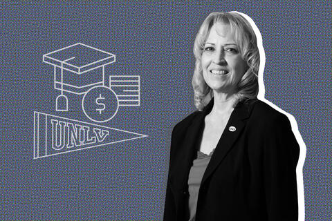 photo illustration of woman in blazer next to higher education graphics