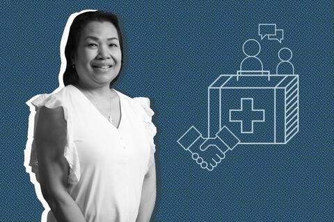 photo illustration of woman in white blouse with medical graphics