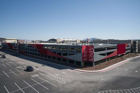 wide shot of a large parking garage