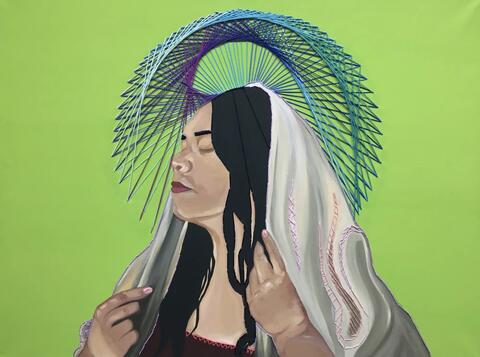 digital artwork of a long-haired figure with a green background