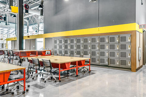 Photo of Advanced Engineering Building's maker space looking towards lockers