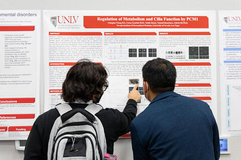 Two people looking at a poster