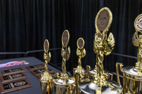 Various of awards and trophies on a table