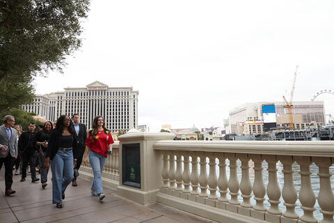 A group of people walking down the Bellagio fountain pathway