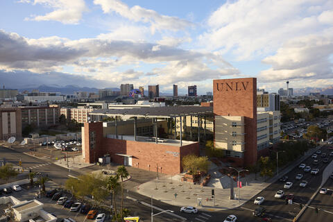 Las Vegas cityscape with UNLV in foreground