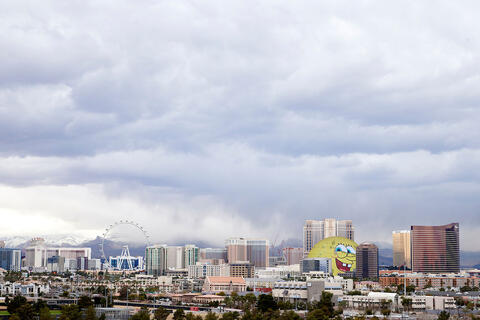The Las Vegas strip with Spongebob on the Sphere