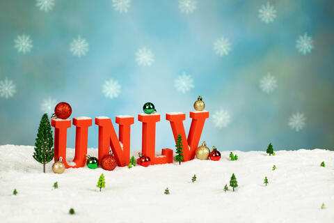 miniature letters spelling UNLV set in a snowscape scene