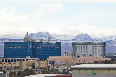 exterior photo of MGM and Park MGM hotels in Las Vegas
