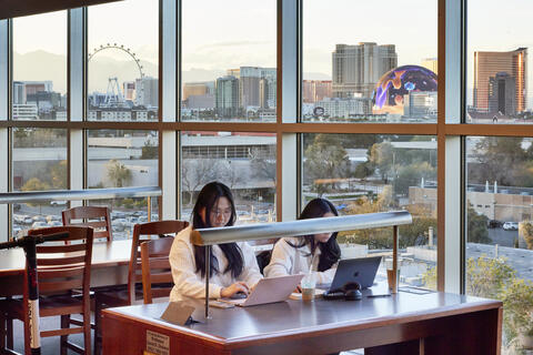 two people in a library studying