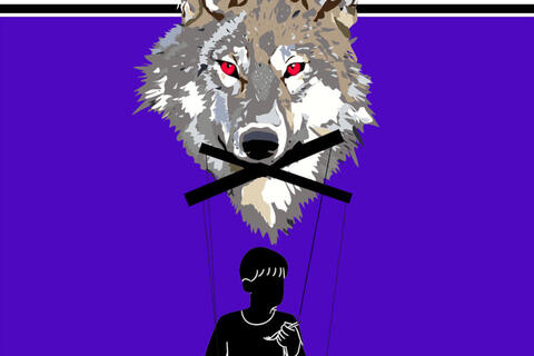 digital illustration of wolf holding a puppeteering apparatus with individual attached