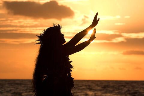 A silhouette of a hula dancer with the sunset in the background