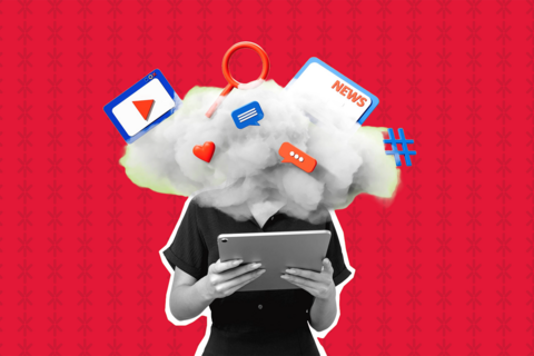 photo illustration of person holding ipad with cloud of social media icons surrounding her. on red background