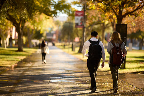 Two students walking down the pathway towards the Student Union