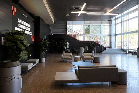 furniture in the lobby at Greenspun Hall