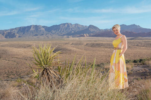 Sarah Bussman in beautiful yellow dress while in a desert landscape
