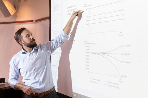 Instructor pointing to charts on a projector screen.