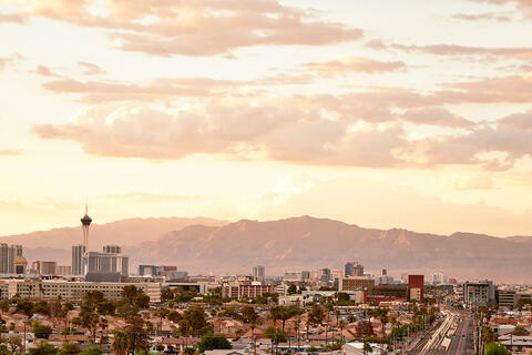 A wide-angle view of Las Vegas at sunset