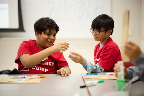 Two elementary school students working together on a science experiment using test tubes.