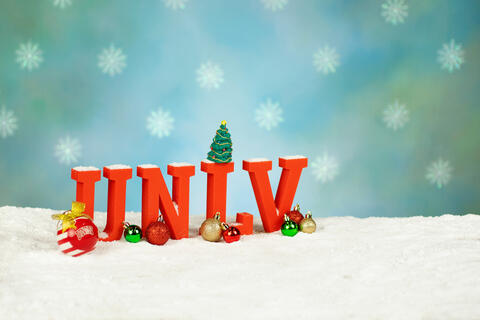 UNLV holiday letters in miniature winter scene