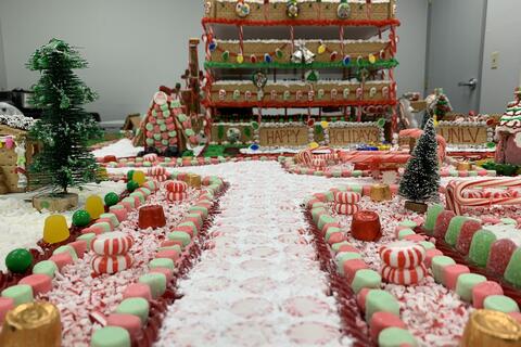closeup of gingerbread parking garage and other candy decorations