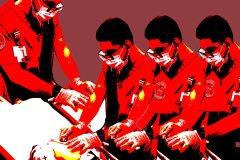 photo illustration of male nurse image repeated across photo with red filter