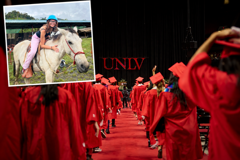 photo of student on horse on top of UNLV commencement photo