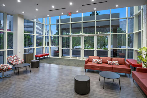 Waiting area with large windows