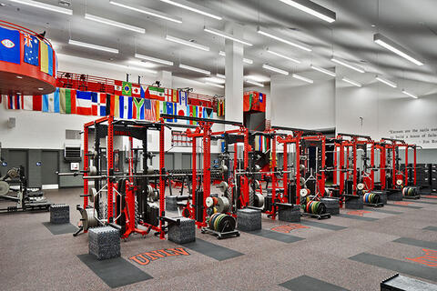 Sets of barbel equipment at a gym