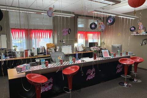 Office space decorated with balloons