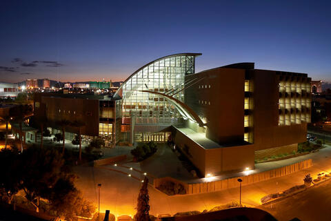 The Lied Library at night