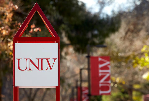 U.N.L.V. signs and banners throughout campus.