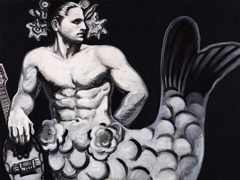 An art piece featuring a man with his bottom half as a fish body