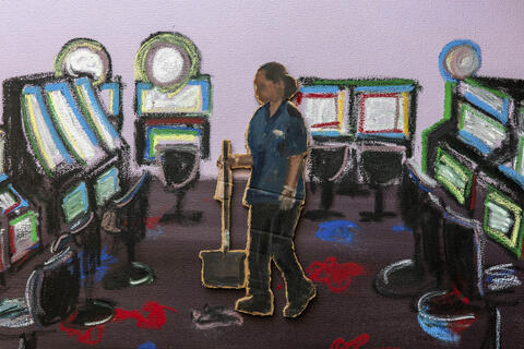 Ramiro Gomez, Las Máquinas Tragamonedas (Porter on Palms Casino Floor), 30 x 30 in. acrylic, oil stick, and cardboard on canvas.