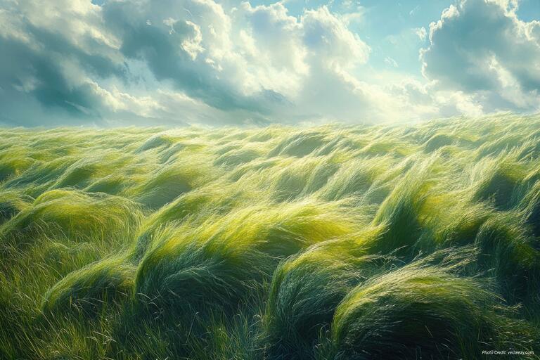 Grass blowing in the wind; a cloudy sky is in the background