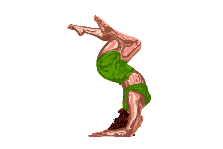 A dancer in a green outfit poses upside down in this promotional drawing.