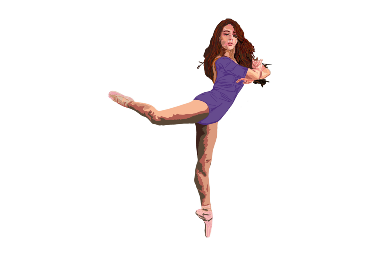 A dancer in a purple leotard, en pointe, is featured in this promotional drawing.