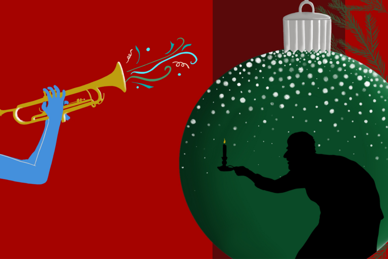 A shadow of Ebenezer Scrooge is superimposed on a Christmas ornament in this promotional drawing. On the left side, a 1940s trumpet appears to play a tune.