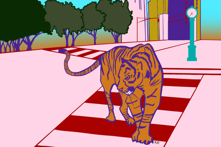A tiger walks in a cityscape, surrounded by trees and buildings, in this promotional drawing.